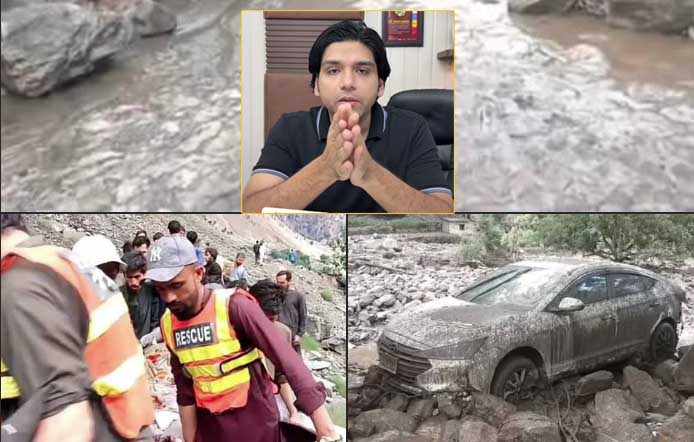 سکردو ۔۔ شاہراہ تھک بابوسر سیلابی تباہ کاریاں ، سیاحوں کی 8 گاڑیاں بہہ گئی